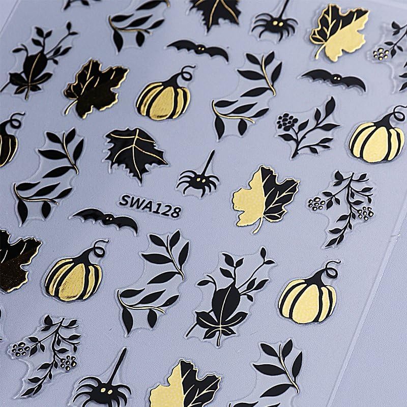 Halloween Nails Stickers Black Fall Leaves Nails Sticker 3D Embossed Silver Gold Pumpkins Self Adhesive Sticker Nail Decals Gold Nail Art Decals Halloween Decals for Nail DIY Manicure 4Sheet