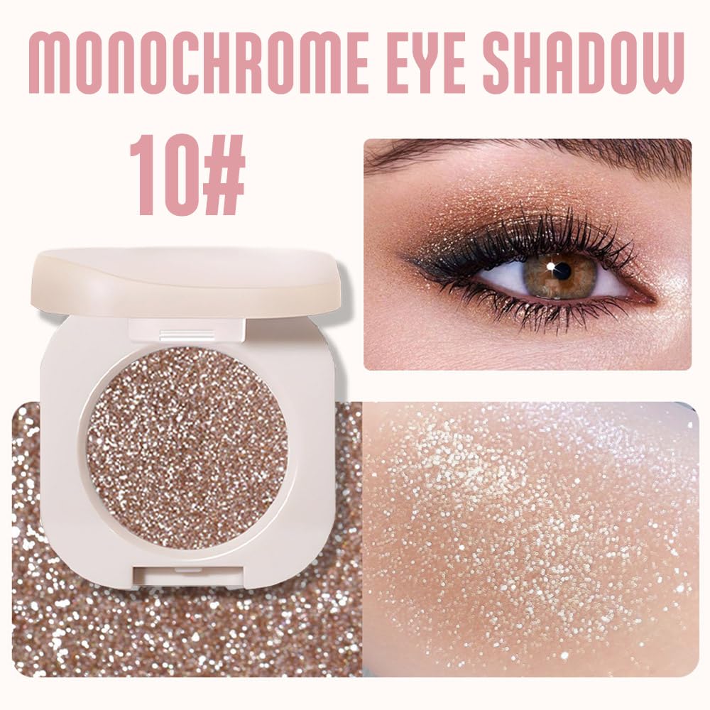 Monochrome Glitter Eyeshadow - Nude Gold Brown Shimmer Eye Shadow, Talc-Free, Paraben-Free, Cruelty-Free, Long-Lasting Single Eyeshadow Palette for Everyday & Special Occasions 10#