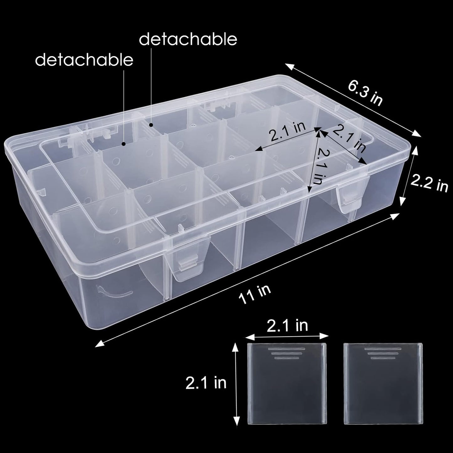 15 Large Grids Plastic Organizer Box with Dividers, 2 Pack Clear Compartment Container Storage for Washi Tapes Beads Crafts Jewelry Fishing Tackles, Size 11 x 6.3 x 2.2 in
