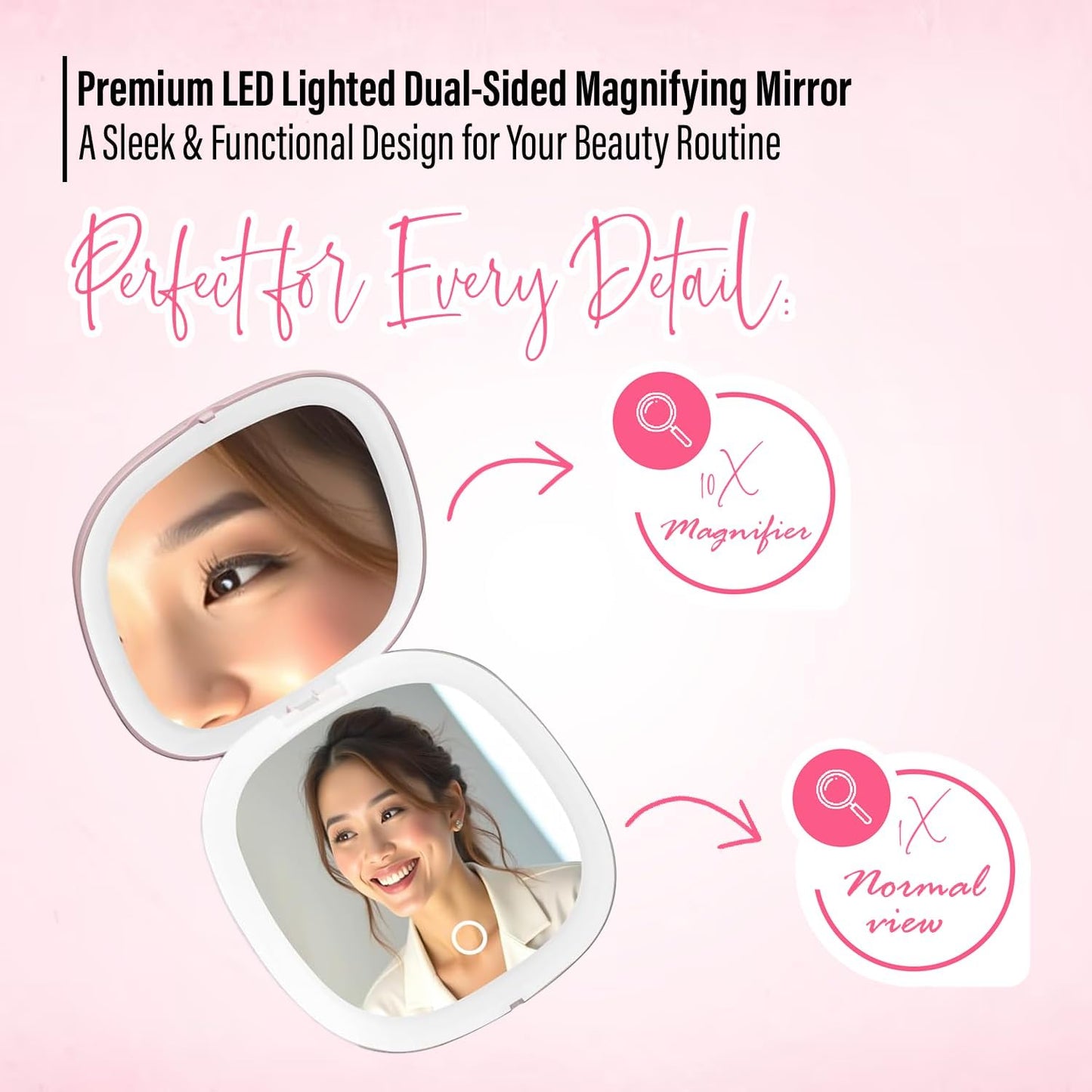 LED Compact Mirror – 1x & 10x Magnification | Travel Makeup Mirror with Adjustable Lighting | Handheld & Pocket-Sized Portable Mirror with Protective Pouch (Pink)