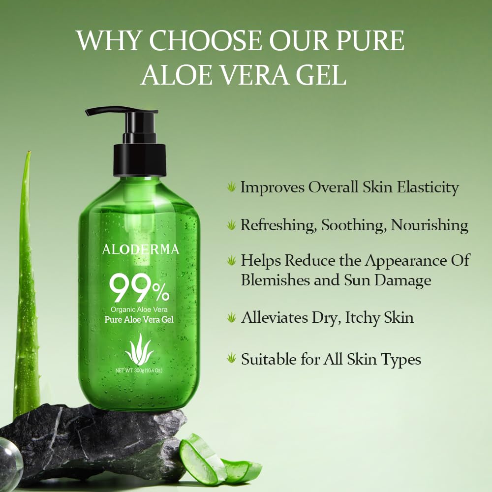 Aloderma 99% Organic Aloe Vera Gel Made within 12 Hours of Harvest - Pump Bottle - Lightweight Aloe Gel for Face and Body, Soothing and Hydrating Sunburn Relief, Great for Scalp & Hair - 6 x 10.6oz