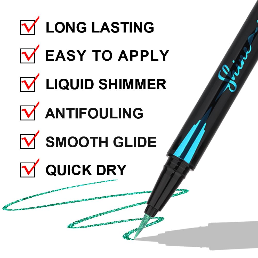 evpct 2Pcs Metallic Purple & Green Glitter Glittering Diamond Liquid Eyeliner Eye Makeup Pencil Set, Sparkle Shimmer Colored Eyeliner Pen Waterproof Smudge Proof Long Lasting High Pigmented