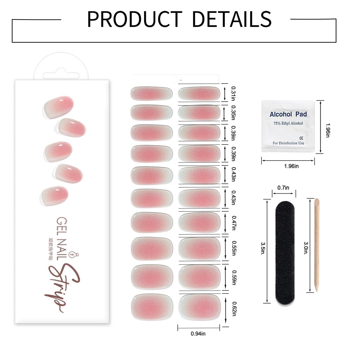 WOKOTO 1 Sheet Semi Cured Gel Nail Strips With Wood Stick, Nail File & Prepared Pads, 20 Tips Shimmery Pink Ombre Semi Cured Nail Polish Strips Stickers, Harden With UV Light Gel Nail Stickers Wraps