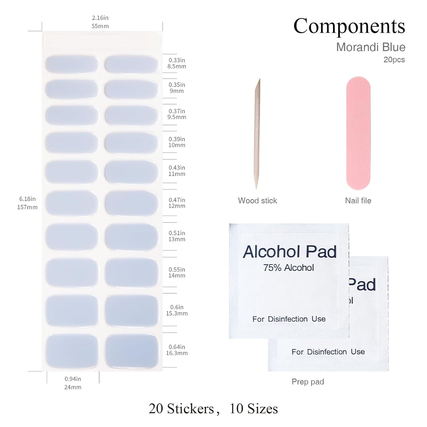 Semi Cured Gel Nail Strips, 20 PCS Gel Nail Stickers Work with UV Light, Salon Quality & Easy to Use - Morandi Blue