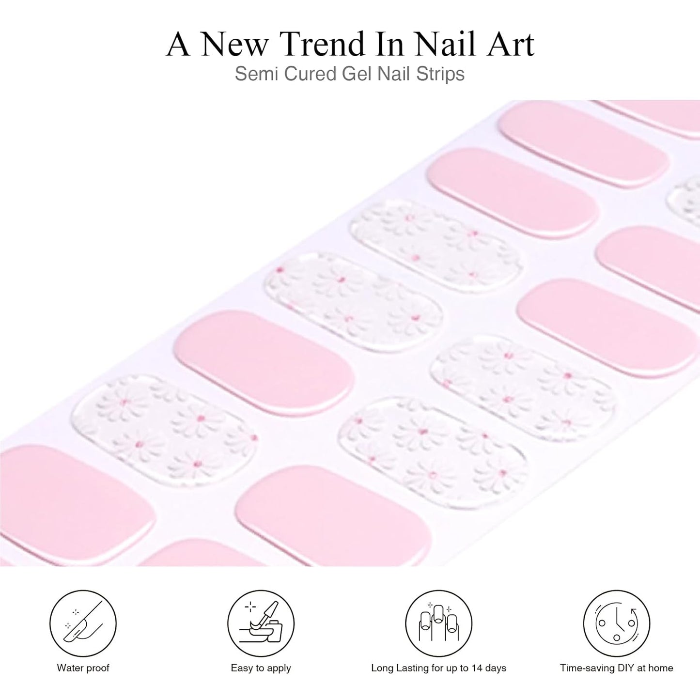 Semi Cured Gel Nail Strips, 20 pcs Stikers, Wraps, Salon-Quality, 2 Weeks Long Lasting, Jasmine Breeze