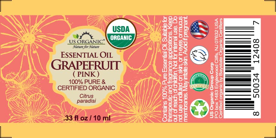 US Organic Grapefruit Pink Essential Oil, USDA Certified Organic, Cold Pressed, 100% Pure, for Face, Hair, Skin, Aromatherapy, and More (10 ml)