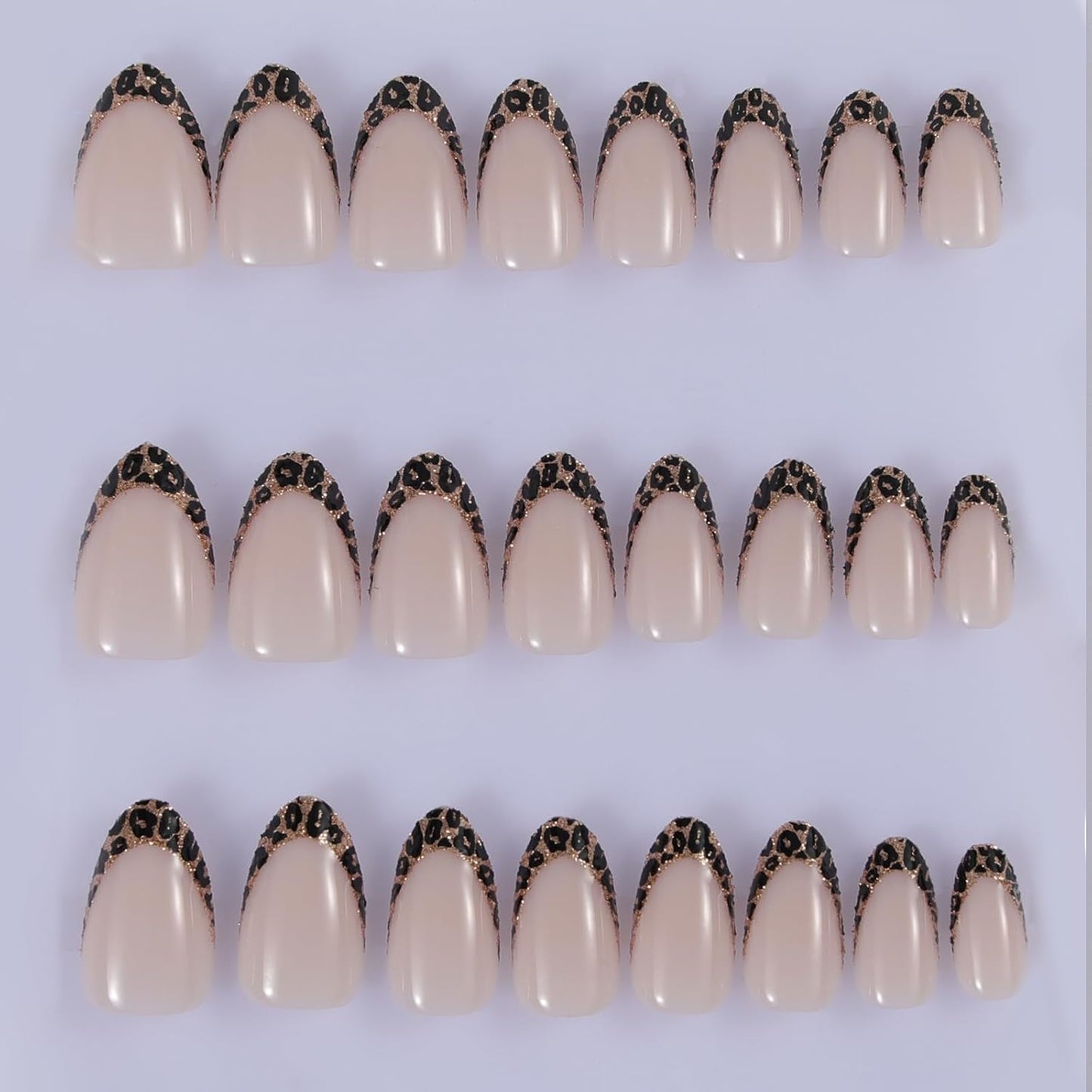 Nude Leopard French Tip Press On Nails Almond, Glossy Soft Gel Fake Nails with Nail Glue, 12 Sizes – 24PCS Thick Natural Reusable Glue On Nails for Women