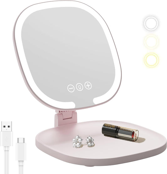 Rechargeable LED Travel Makeup Mirror, 3-Color Lighting, Dimmable Touch Screen, Multi Angle Adjustable, Foldable and Portable Desktop Vanity Mirror with Storage Tray(Pink)