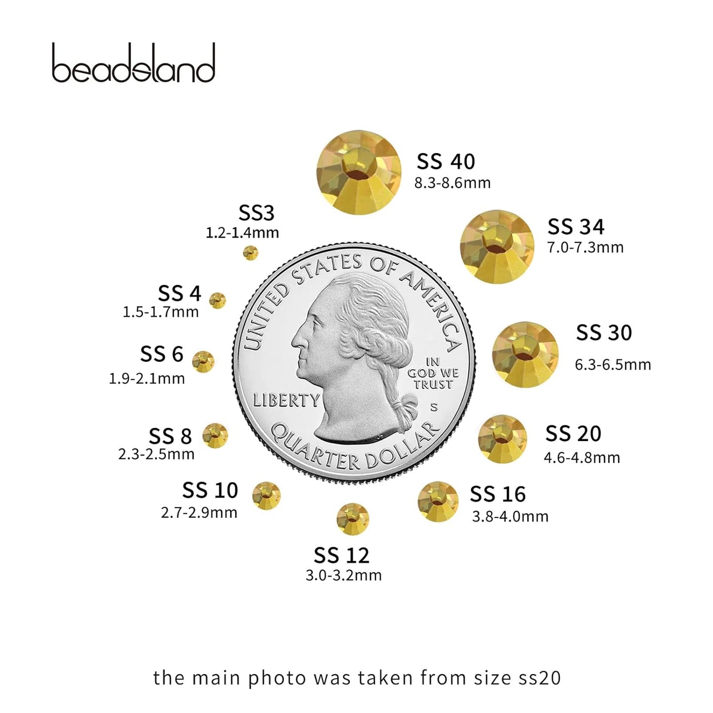 beadsland 288 Piece Flat Back Crystal Rhinestones Round Gems, 1.3mm-8.6mm, Metal Sunlight (SS30(6.3-6.5mm))