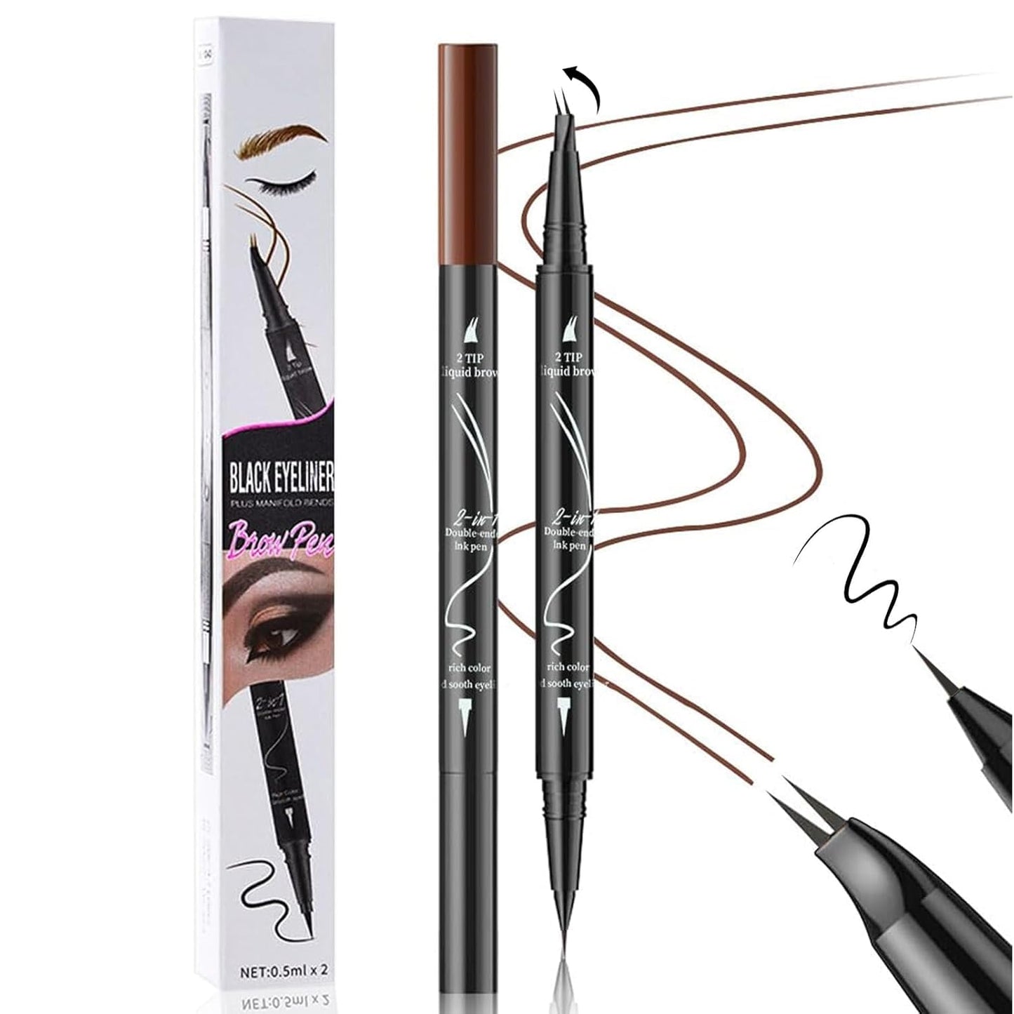 Curved 2 Tip Eyebrow Pen-Light Brown Eyebrow Pencil With Black Eyeliner 2-in-1 Dual-Ended Create Natural Hair-Like Brows,Waterproof,Smudge Proof,Long Lasting All-Day