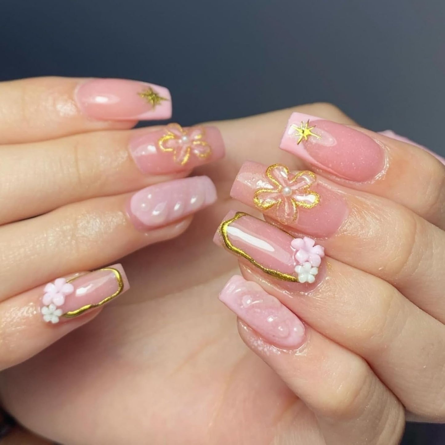 Flower Nail Stickers Decals 5D Embossed Flower Nail Decals Pink Five-Petaled Gold Floral Circle Spring Summer Nail Art Design Bow Tie Flowers Nail Adhesive Decals for DIY Nail Art Decorations 2Pcs