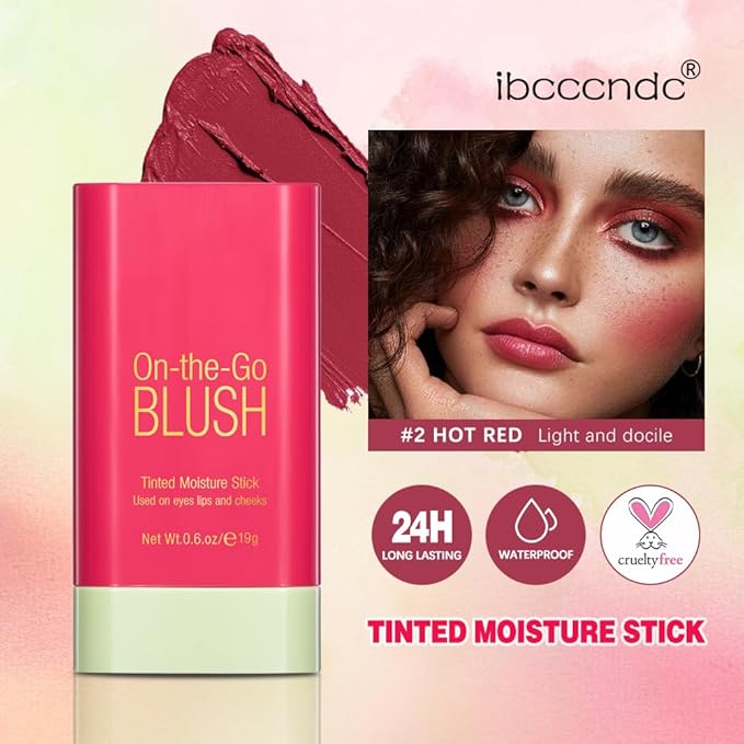 Soft Creamy Blush Stick,On-the-Go Blush,2-in-1 Cheek and Lip Tint,Waterproof Hydrating Solid Natural Moisture Smooth Blendable Matte Finish Face Blush Makeup,02 hot red