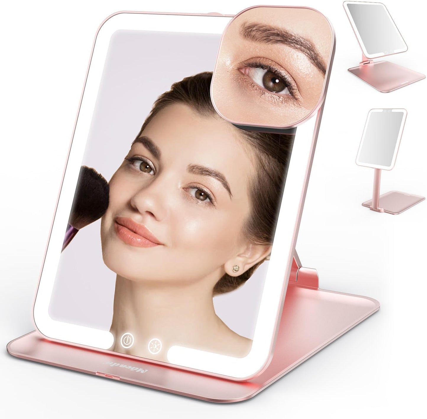 Mocado Travel Makeup Mirror with Light, Tripple Folding Vanity Mirror with Lights, 3 Colors Lighted Makeup Mirror, 1500mAh Rechargeable, Memory Function, Freely Adjust Height and Angle(Rose Gold)
