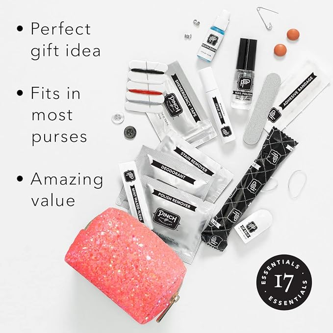 Pinch Provisions Coral Glitter Minimergency Kit, includes 17 Travel-Sized Cosmetic Essentials, Convenient for Purses, Emergency Beauty Accessories, Gifts for Holiday’s & Birthday’s