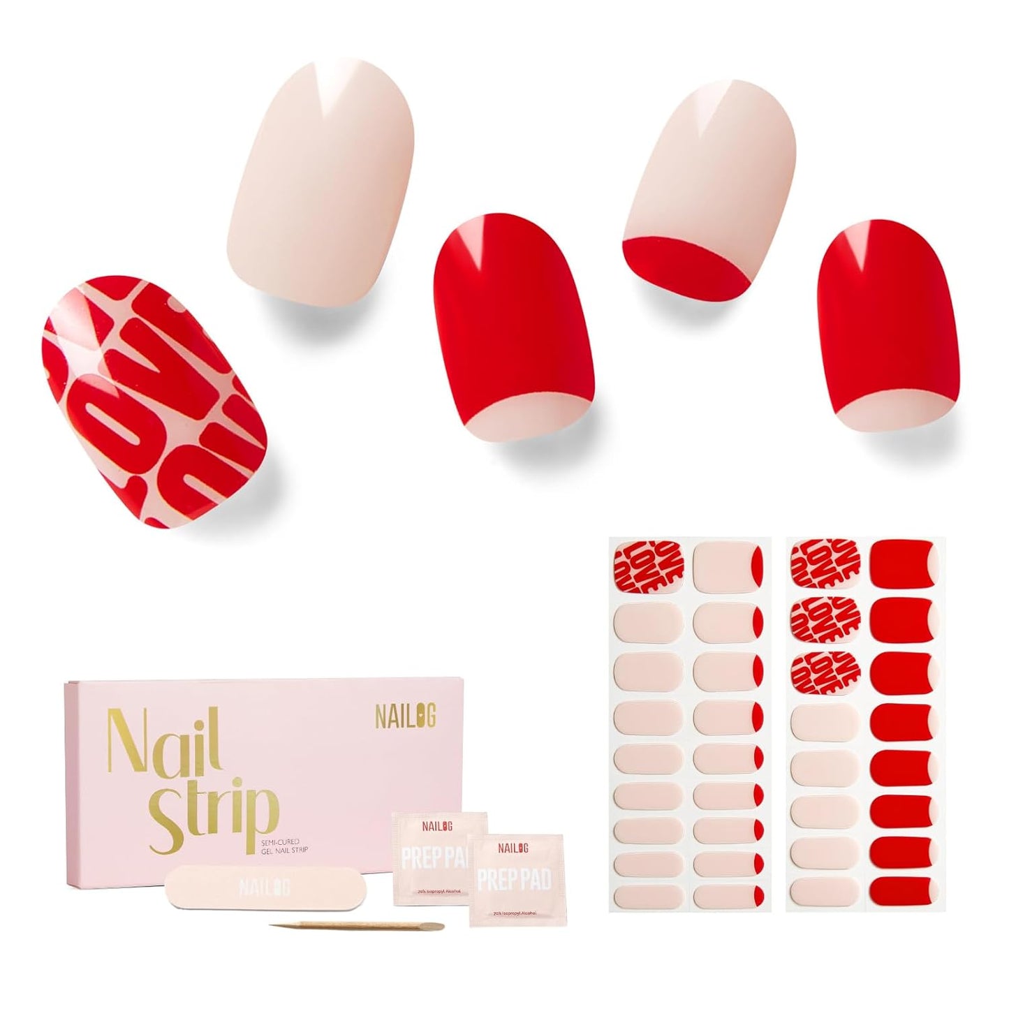 NAILOG Semi Cured Gel Nail Strips for Valentine's Day - 34 pcs | Buy 2 Get 1 UV Lamp | Long Lasting Nail Polish Sticker Wraps with Glossy Gel Finish, City of Love