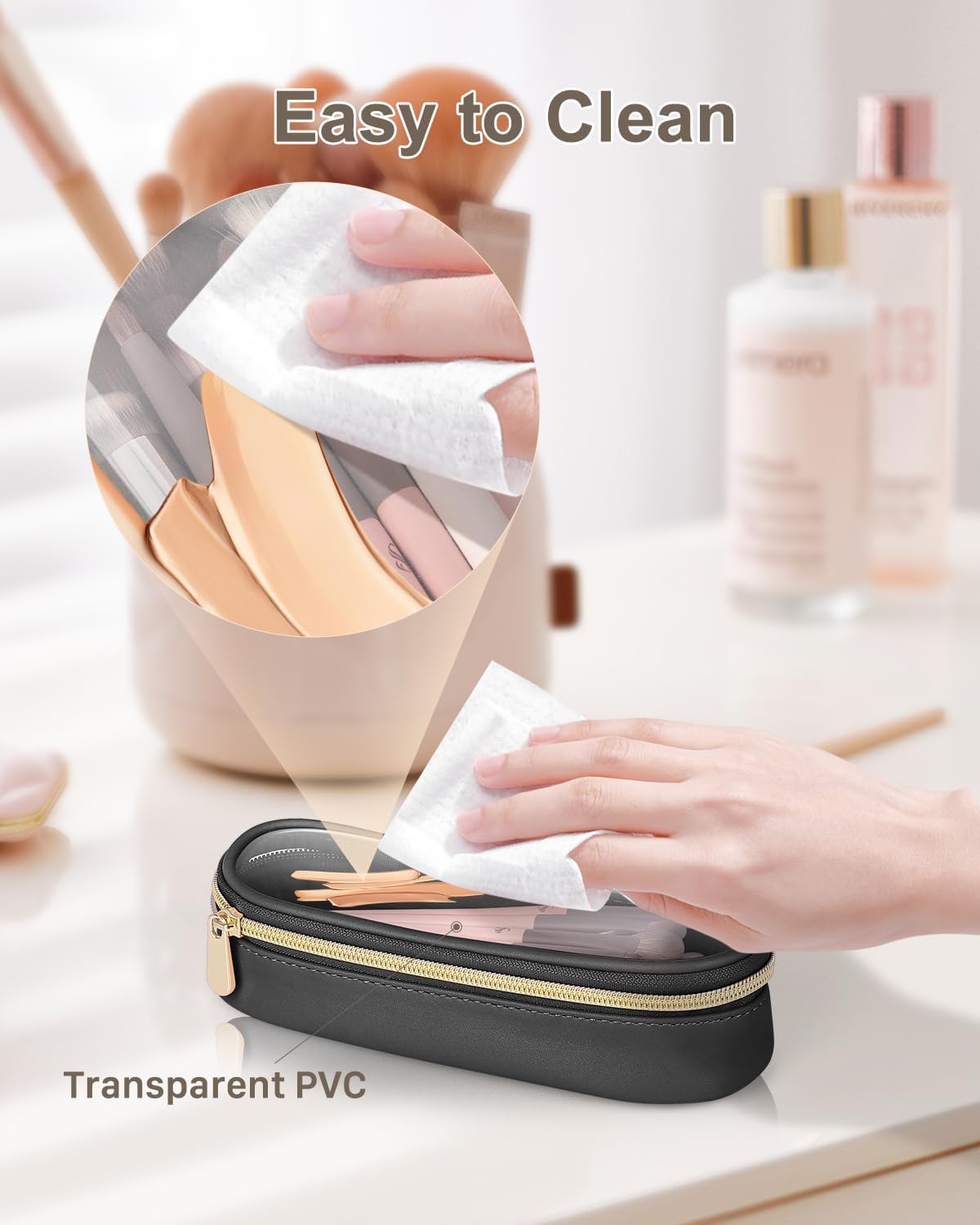 Clear Travel Makeup Brush Holder, Leather Makeup Brush Toiletry Bag, Portable Cosmetic Brush Case, Transparent Waterproof Makeup Brush Storage Bag, Black