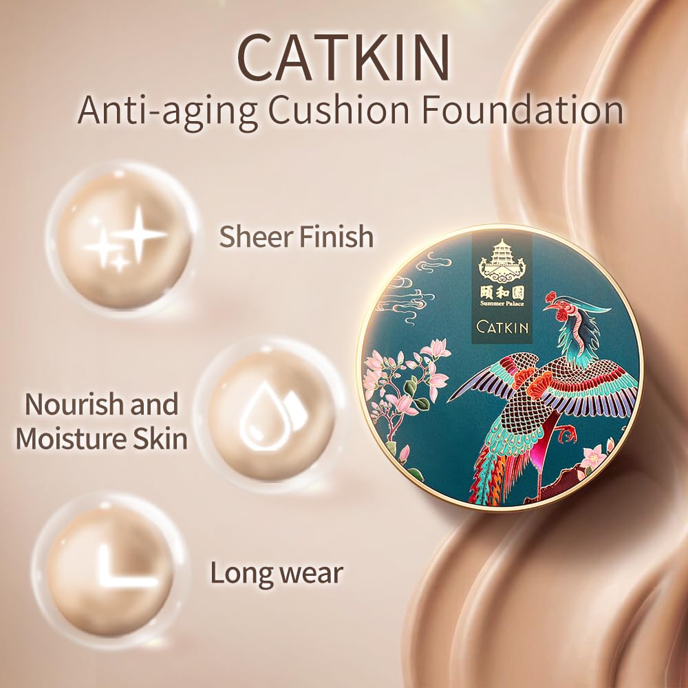 Catkin Phoenix Cushion Foundation Buildable Coverage Anti-Aging Serum Makeup, Sheer Satin Finish, Refill Included, Light Beige 0.46 Oz x 2, C03 VANILLA