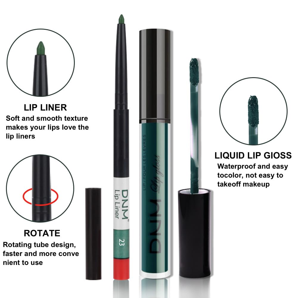 evpct 2Pcs Matte Dark Green Lipstick and Lip Liner Gloss Makeup Set matt Matte Liquid Lipstick Long Lasting Set 24H and with Lip Liner 23#