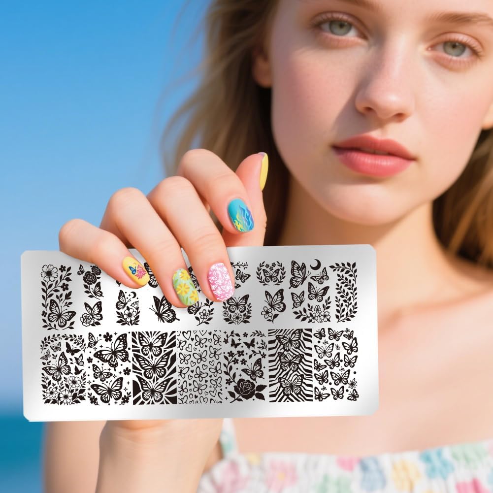 UNICRAFTALE 5Pcs Butterfly Flower Reusable Nail Stamp Flames Nail Stamping Kit Abstract Textures French Tip Nails Stamp Star Stainless Steel Nails Stamping Plates for Women Gift 12x6cm