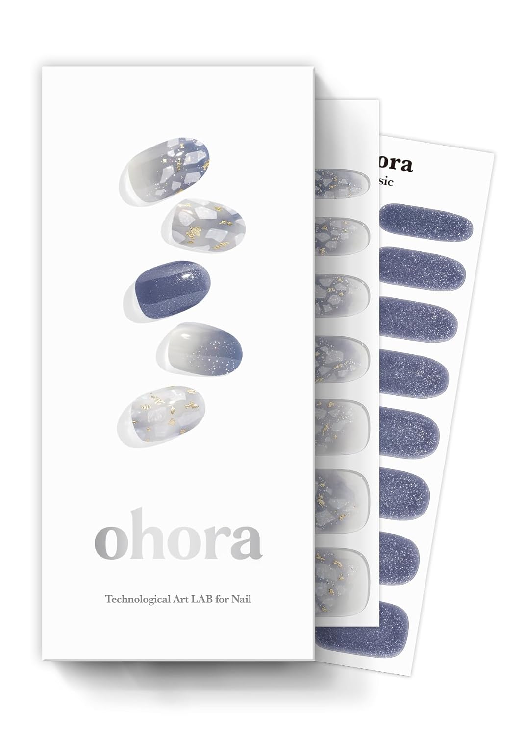 ohora Semi Cured Gel Nail Strips (N Gleam Blue) - Blue, Glitter, Works with Any UV/LED Lamps, Salon-Quality, Long Lasting, Easy to Apply & Remove - Includes 2 Prep Pads, Nail File & Wooden Stick
