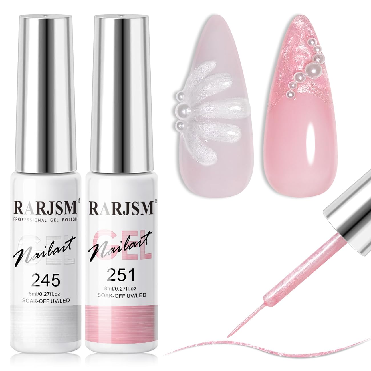 RARJSM Pearl Nail Art Gel Liner 2 Pcs Set Pearlescent Milky Silver White and Pink Shell Glitter Swirl Effect Gel Nail Polish 8ml Build in Thin Brush Painted Drawing Striper GelPolish Curing Requires