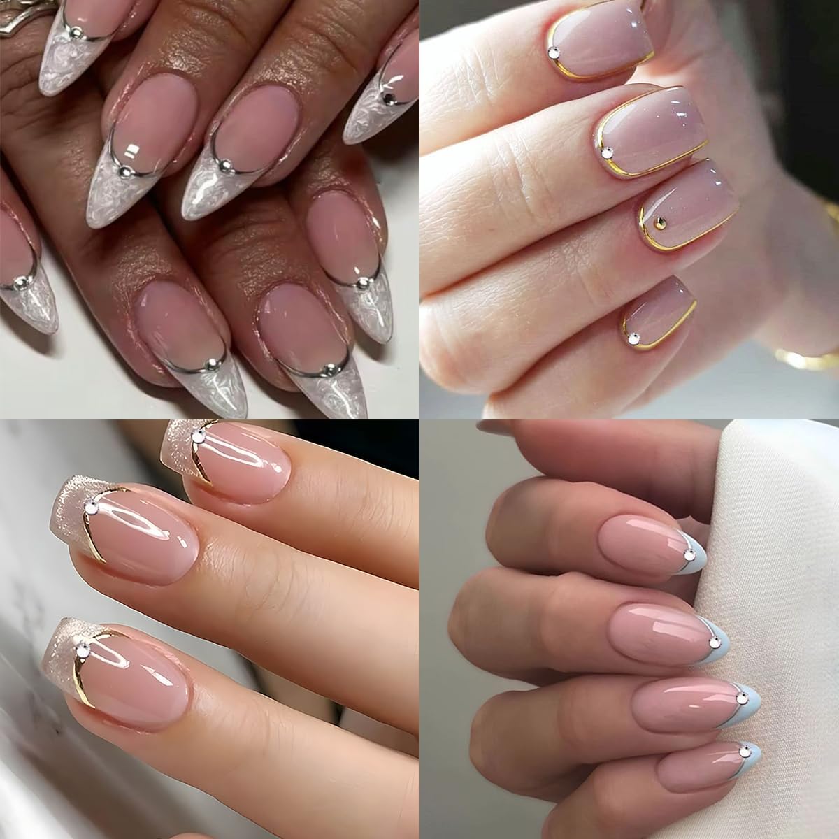 4 Sheets French Tip Nail Art Stickers 5D Simple Gold Silver Line Nail Stickers with Shiny Diamond Design Self-Adhesive Nail Decals French Sticker for Women Manicure Decorations