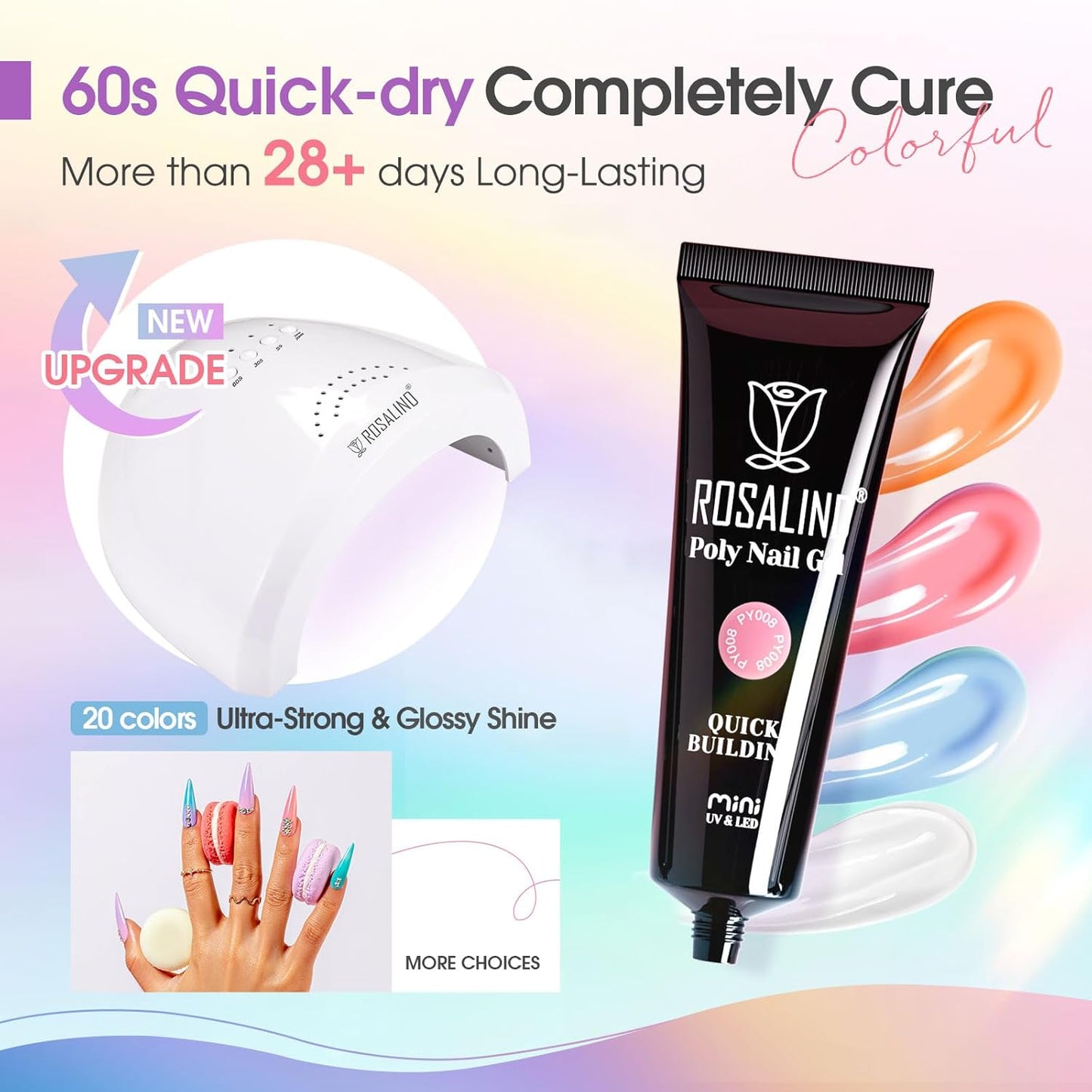 ROSALIND 20 PCS Colors Poly Nail Gel Kit -Neon Poly Nails Gel Kit Starter Kit - Slip Solution Pro Nude Pink Nail Extensions Gel Set With UV Lamp Drill Nail Art Builder Kit