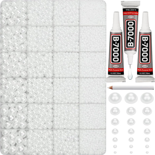 16000Pcs Flatback Pearls for Crafting, White Flat Back Assorted Sizes 2/3/4/5/6/8/10mm Half Pearl Beads Bedazzling for Crafts Clothing Tumbler Shoes Wedding Gown Nails with B7000 Jewelry Making Glue