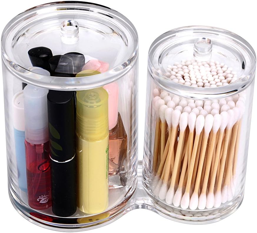 Hipiwe Clear Acrylic Cotton Swab Holder Preminm Quality Round Container Cotton Pad Q-tip Organize Case for Make Up Brush Clear Apothecary Jar