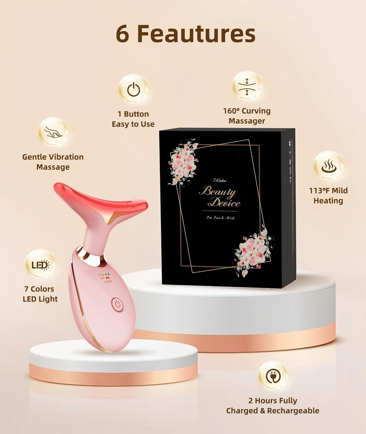 7 Color Face and Neck Massager Light Therapy, Red Light Based Facial Massager for Skin Care, Firming, Smoothing (Rose Golden)