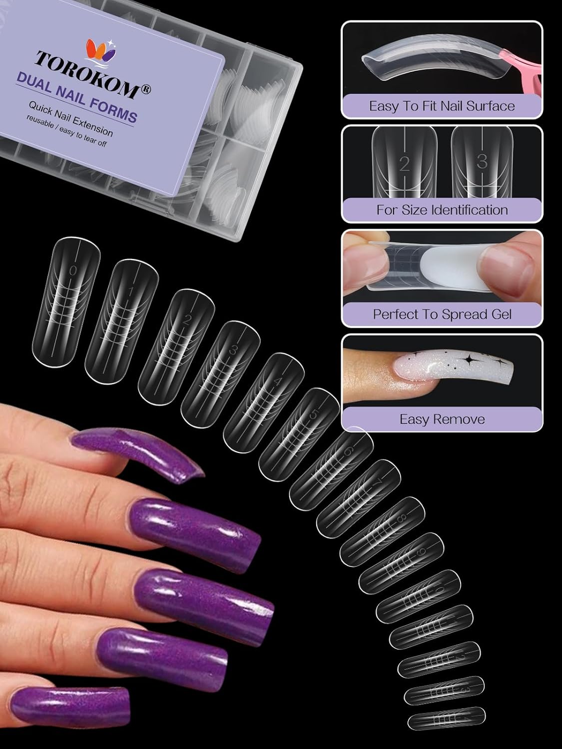 TOROKOM 150Pcs Poly Extension Gel Dual Nail Forms Clear Nail Forms Full Cover Coffin Nail Molds 15 Sizes for Gel Manicure Nail Art Design Salon&DIY