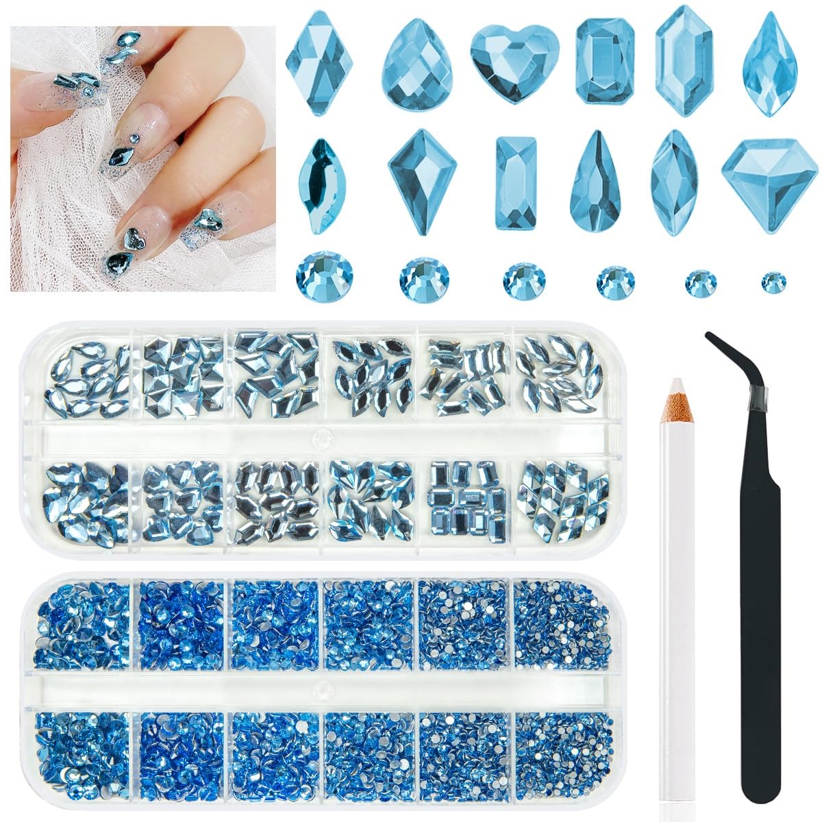 Light Blue Rhinestones for Nails Multi Shapes Crystal Flatback Rhinestones Gems Round Beads Glass Stones Diamonds Jewels w Wax Pen for Faces Eyes Makeup Crafts