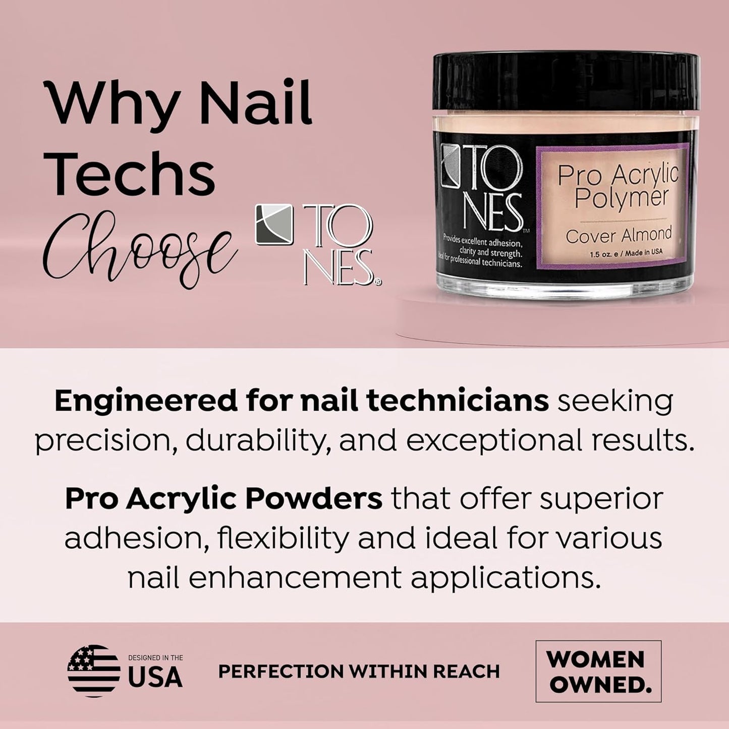 Tones Pro Acrylic Nail Powder, Cover Almond (Soft Nude Beige), (1.5 Fl Oz) - Long-Lasting & Non-Yellowing Polymer for Salon Quality Nail Extensions & 3D Art