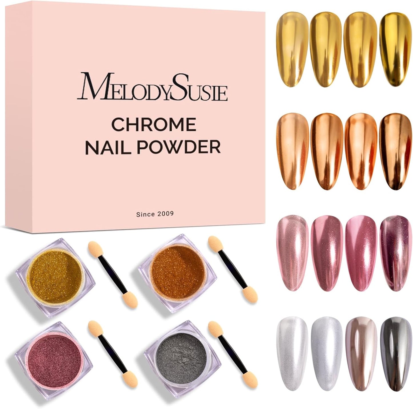 MelodySusie 4Pcs Chrome Nail Powder for Gel Nails,Metallic Mirror Effect Pigment Stylish and Technological Fine Glitter for Home DIY Salon Use