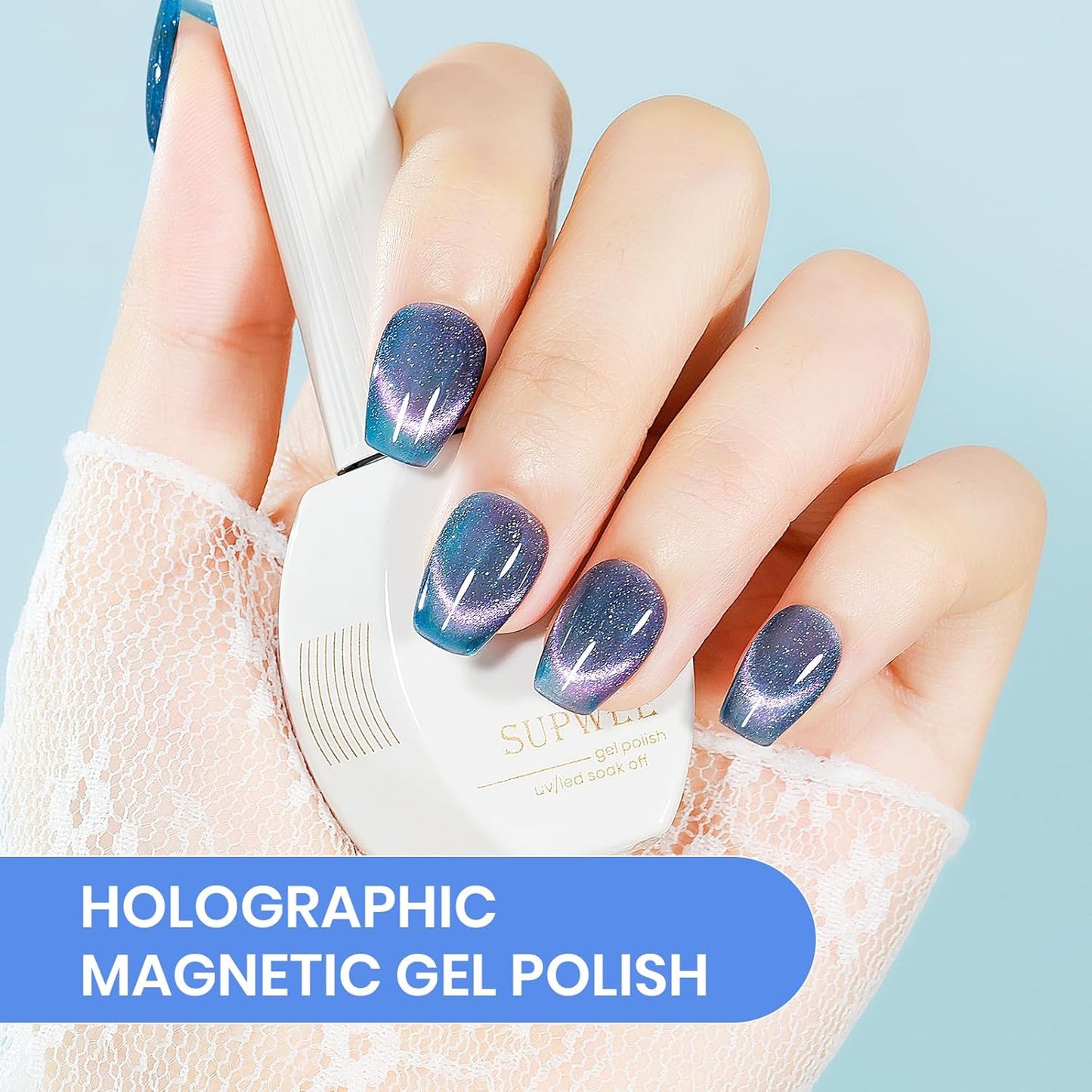 Blue Cat Eye Gel Nail Polish, 15ML Glitter CatEye Gel Polish Magnetic Crystal Reflective Effect with Magnet Soak Off Salon DIY at Home