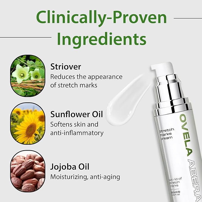 Abera Ovela Maternity Stretch Mark Cream for Pregnancy and Weight Fluctuations, Stretch Mark Treatment Pregnancy Must Haves, Deep Stretch Mark Removal, All Skin Types, 1.69 fl oz