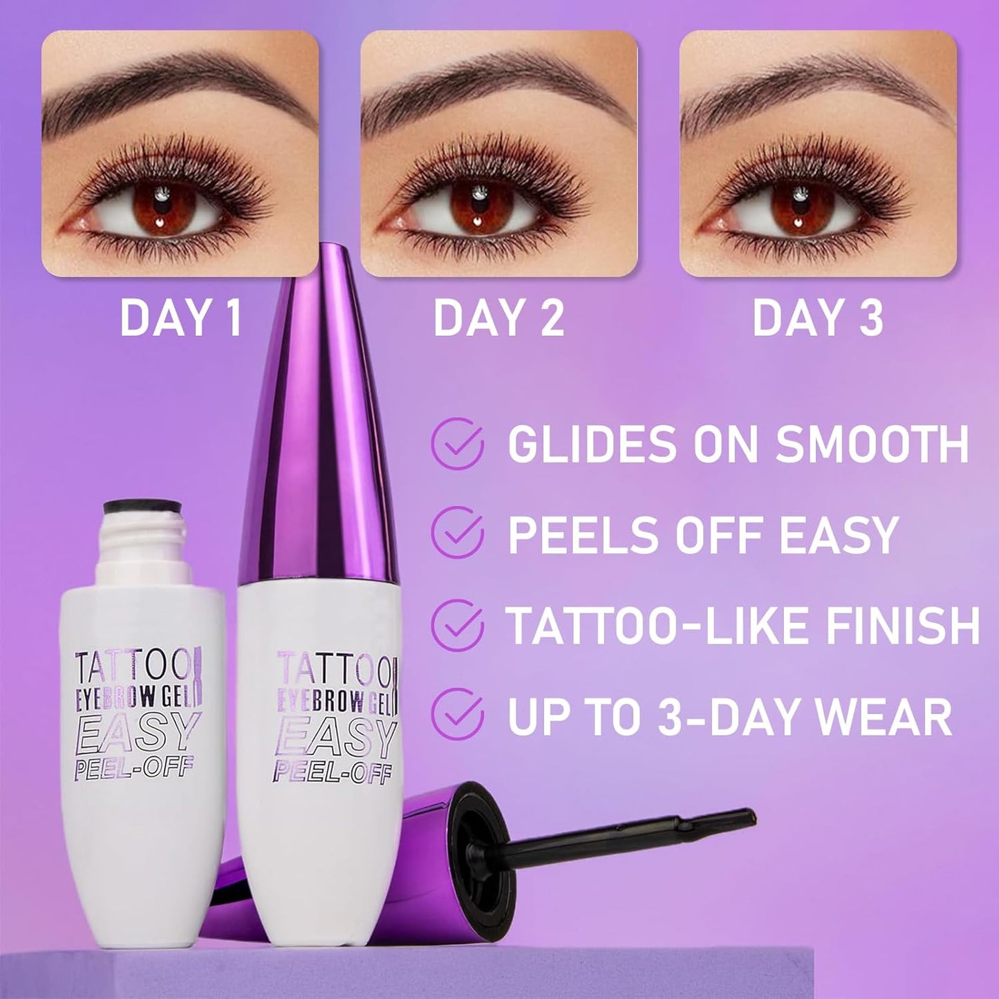 Tattoo Eyebrow Gel Easy Peel Off, Waterproof 3-Day Long-Lasting Brow Stain, Semi-Permanent Peel Off Brow Color Gel for Sparse Brows, Transfer-proof, Natural Color for Fuller Defined Brows (Black)