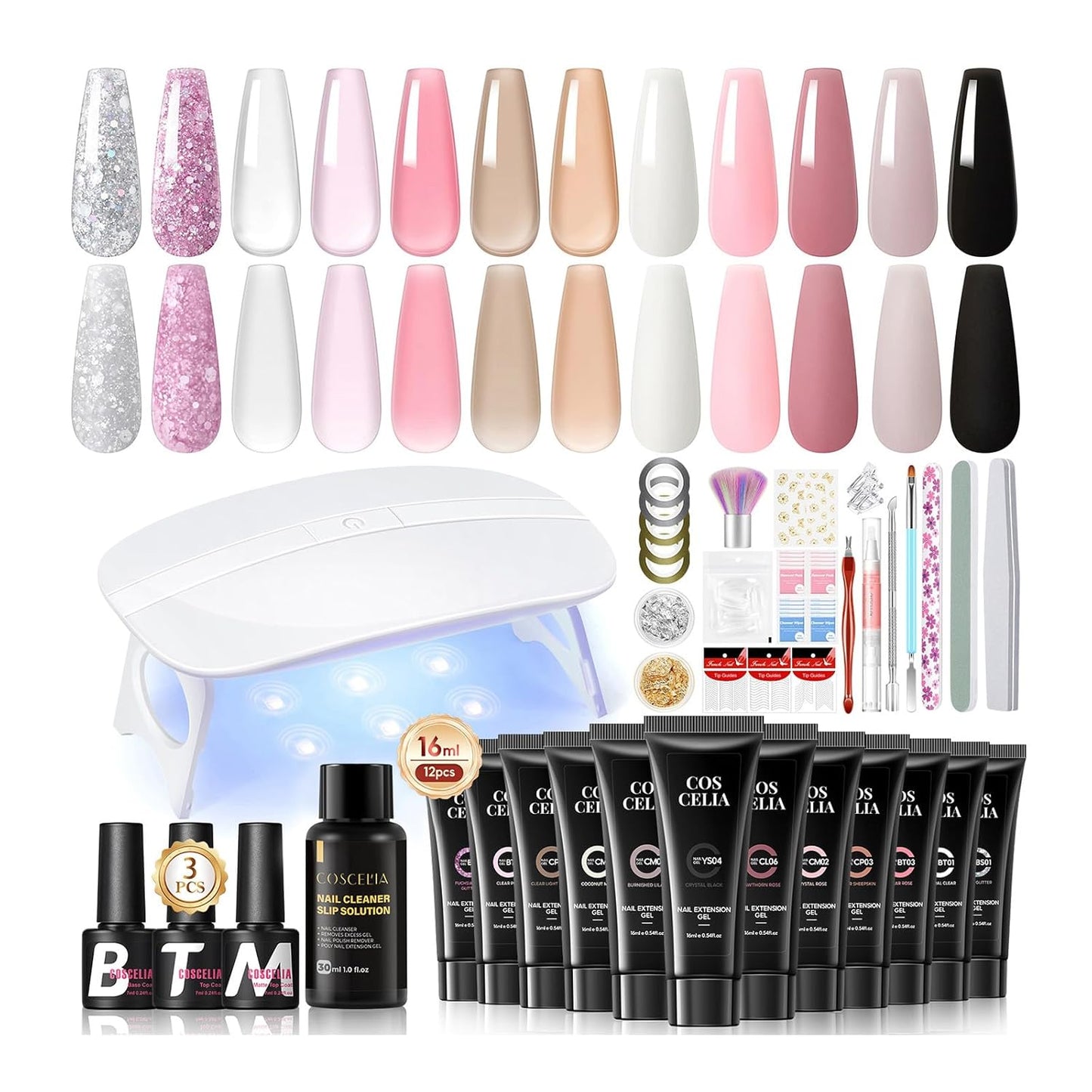 COSCELIA 41pc Poly Nail Gel Kit Starter Kit16ML 12 Colors Nail Extension Gel Kit with Lamp Light for Beginners with Everything Nail Thickening Solutions Gifts for Women