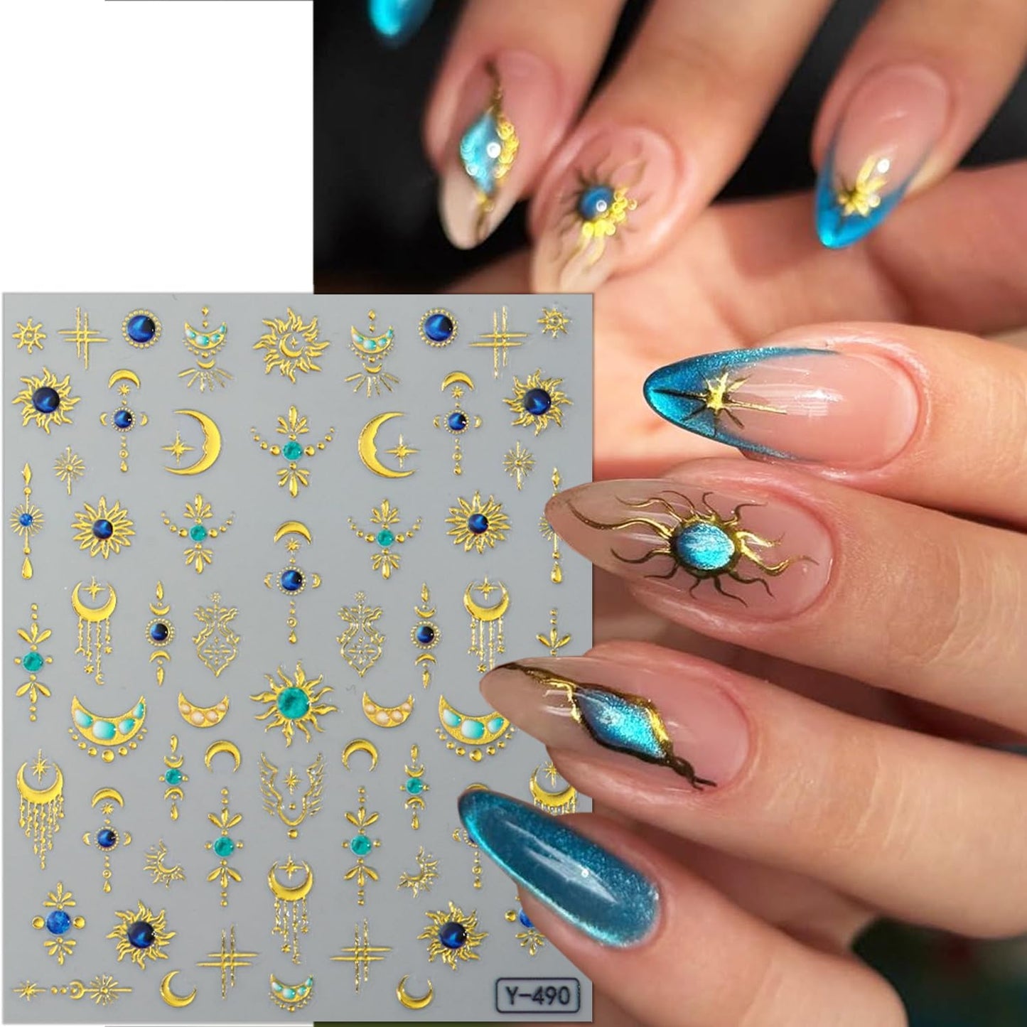2 Sheets Celestial Nail Stickers for Nail Art Embossed Star Moon Sun Nail Art Stickers 5D Self-Adhesive Gold Silver Bohemian Style Nail Decals Moon Meteor Design Decals for Women Nail Supplies