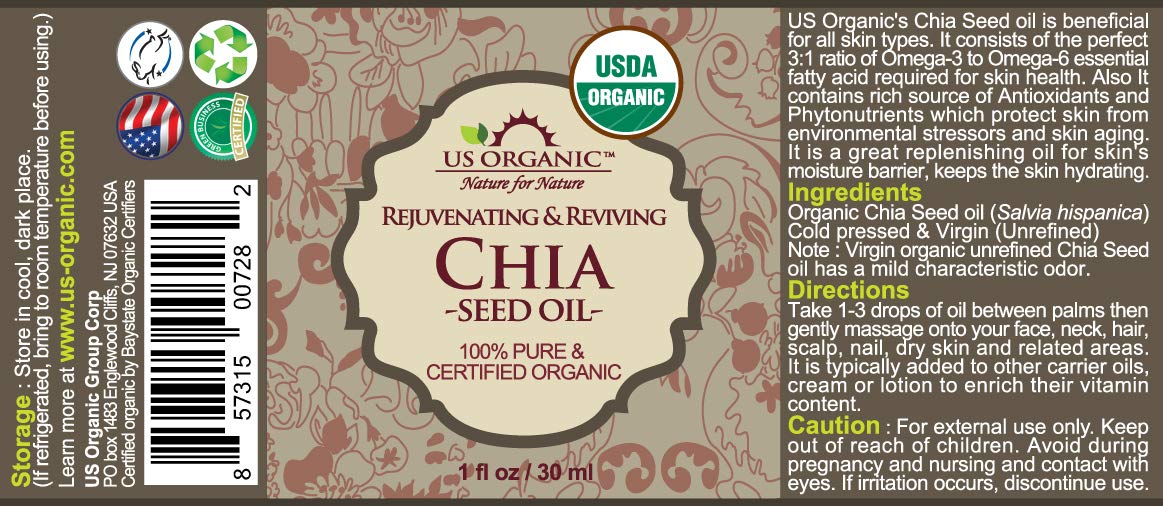 US Organic Chia Seed Oil, Certified Organic, Pure & Natural, Cold Pressed Virgin, Unrefined, Sourced from Paraguay, in Amber Glass Bottle w/Glass Eyedropper (1 oz (30 ml))