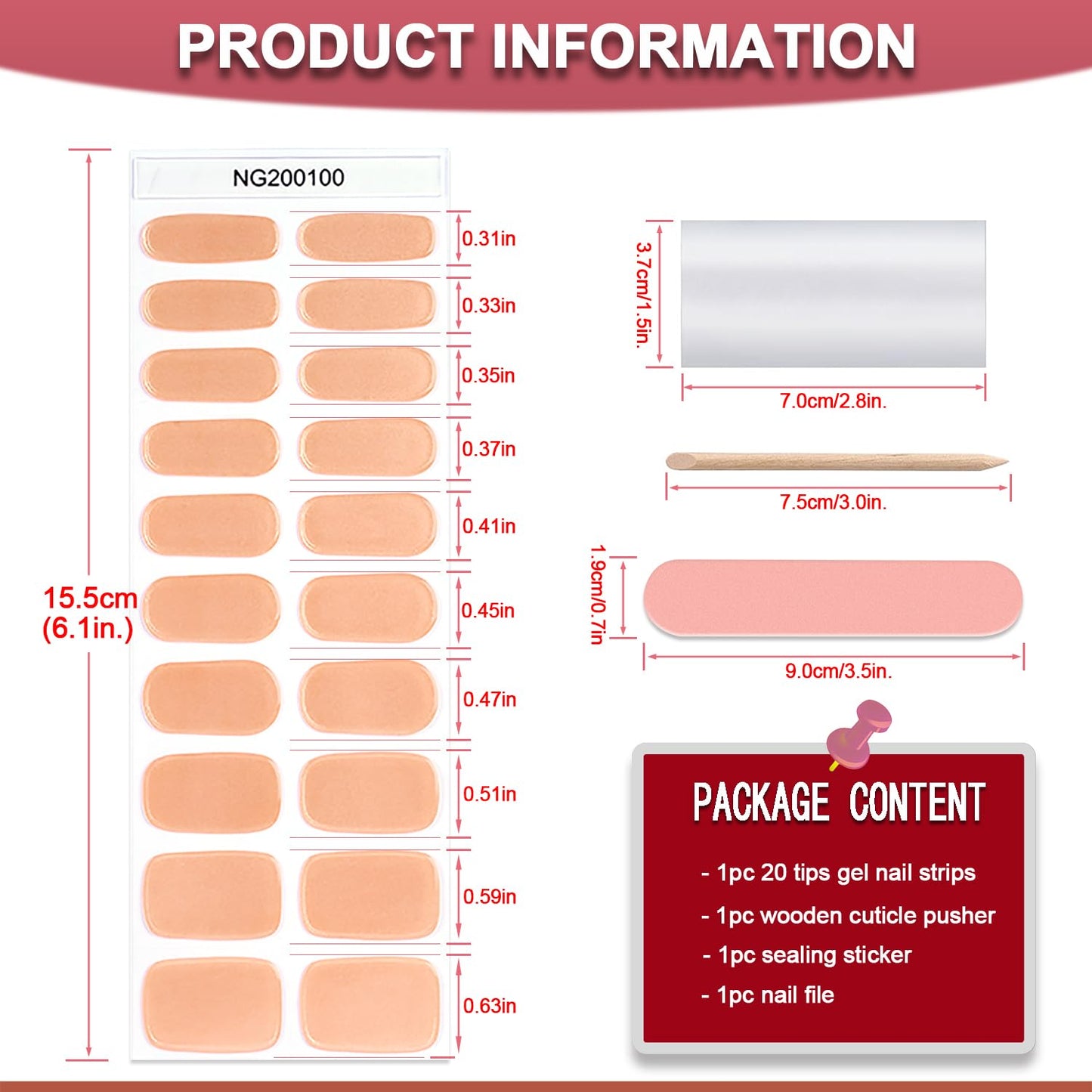 WOKOTO 20 Pcs Chrome Peach Pink Semi Cured Gel Nail Strips with Nail File & Wooden Stick Holographic Nail Gel Strips UV Light Gel Nail Stickers Full Nail Wraps Stick On Nails Color Strips for Women