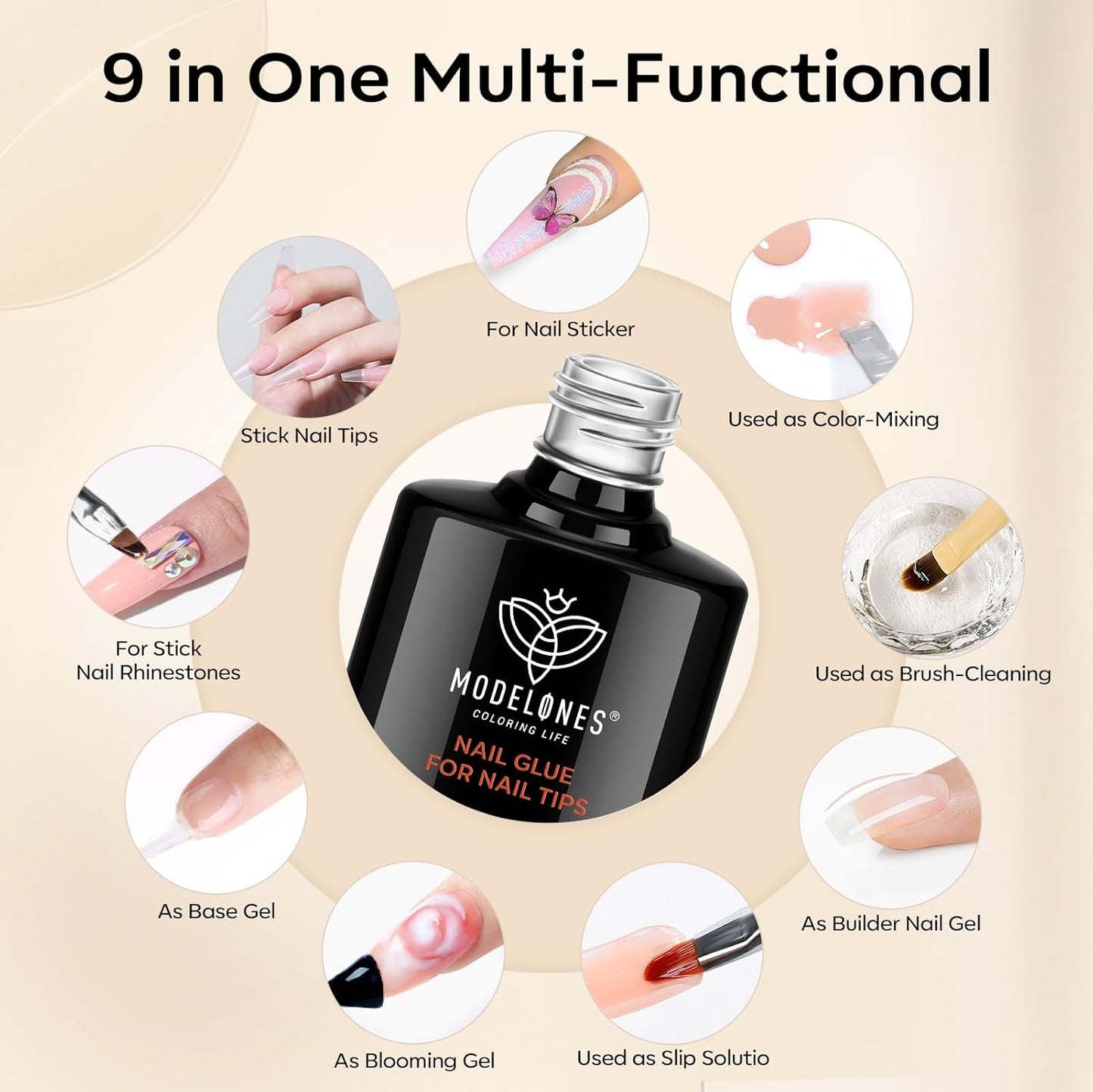 modelones Nail Glue Gel with Top Coat and Prep Dehydrator 3 PCS 15ml 9 in One Gel Glue Kit for Easy Nail Extension, No Wipe Top Coat