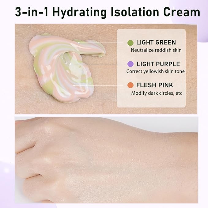 Primer Face Makeup Base, 3 In 1 Isolation Cream Color Corrector, Makeup Primer Skin Tone Correcting and Brightening Primer, Oil Control Moisturizing Face Primer to Hide Wrinkles and Fine Lines