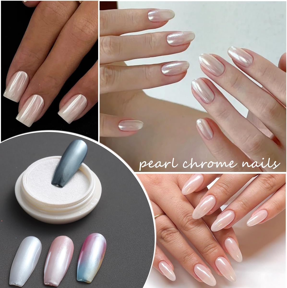 White Chrome Nail Powder - 6 Colors Pearl Chrome for Nails, Mirror Effect Metallic Rubbing Pigment Dust, Glazed Donut Nail Art Pearlescent Glitter Manicure Decor