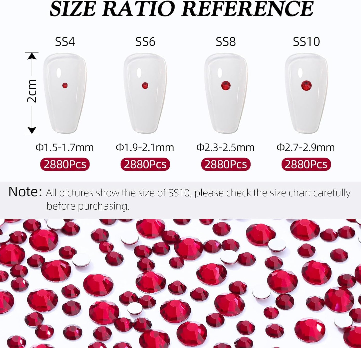 Siam Flatback Rhinestones, Glass Rhinestones for Nail Art and Craft, Glue Fix, Loose Crystal Gemstones(Siam, SS6, 2880pcs, 1.9-2.0mm)