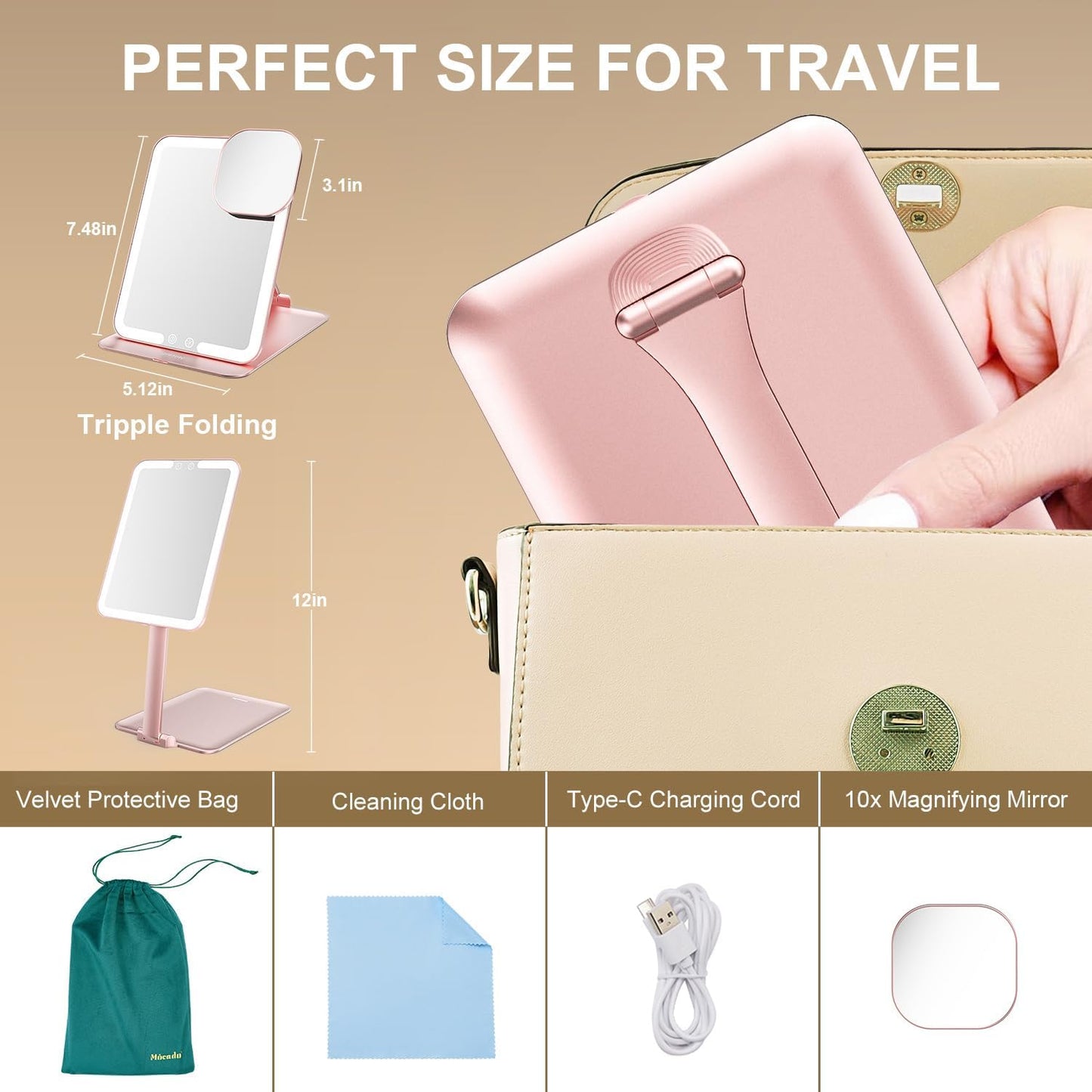 Mocado Travel Makeup Mirror with Light - 7x5 Inches Tripple Folding Travel Mirror with Light, 3 Colors Lighted Makeup Mirror, Portable Makeup Mirror, Freely Adjust Height and Angle(Rose Gold)