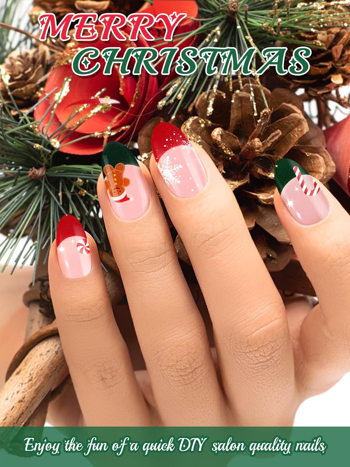 EBANKU 24PCS Semi-Cured Gel Nail Strips - French Snowflakes Candy Gingerbread Man Gel Nail Art Sticker Stickers with Nail File