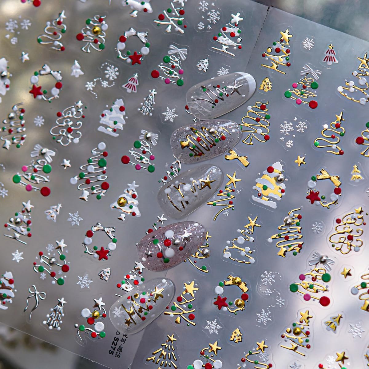 Christmas Nail Art Stickers 5D Embossed Christmas Tree with Colored Lights Designs Nail Stickers Wreath Bowknot Snowflake Nail Decals for Women Girls Winter Holiday Manicure DIY Nail Supplies 1 Sheet