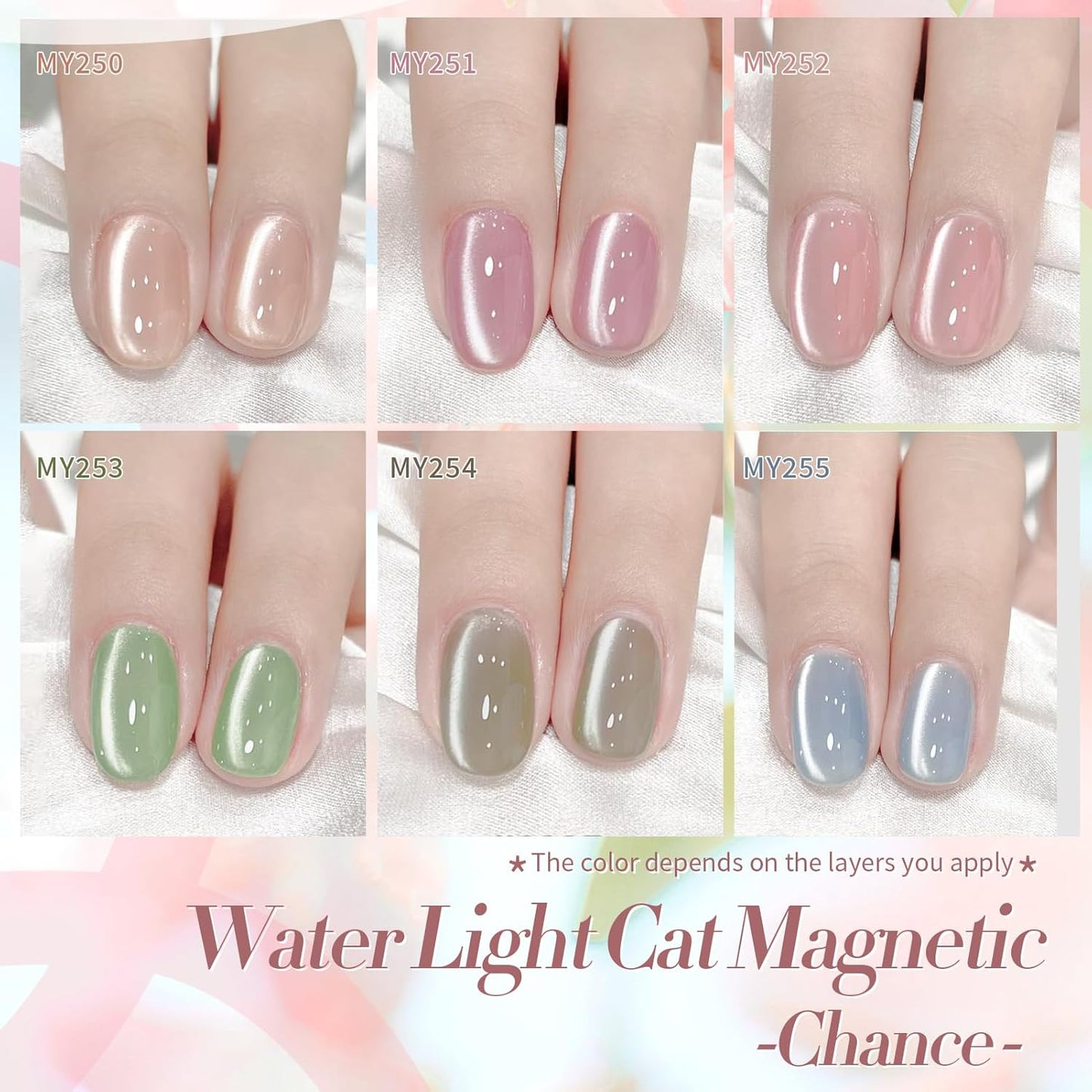 Born Pretty Pastel Magnetic Gel Nail Polish,Water Light Cat Magnetic Eye Gel Jelly Glass Crystal Nail Polish Glitter Shimmer Auroras Magnetic Gel Nail Art Manicure Kit 6PCS