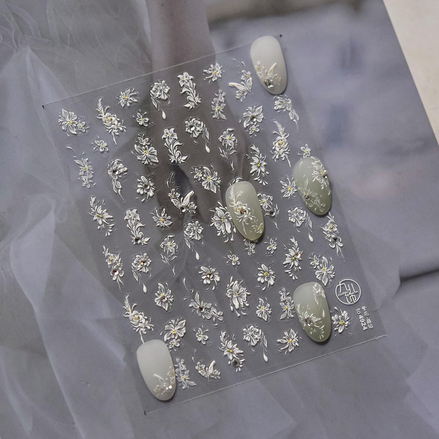 Flower Nail Art Stickers White Floral Nail Stickers 5D Embossed White Style Nail Decals Accessories with Rhinestone Nail Decals Manicure Supplies for Women DIY Decorations